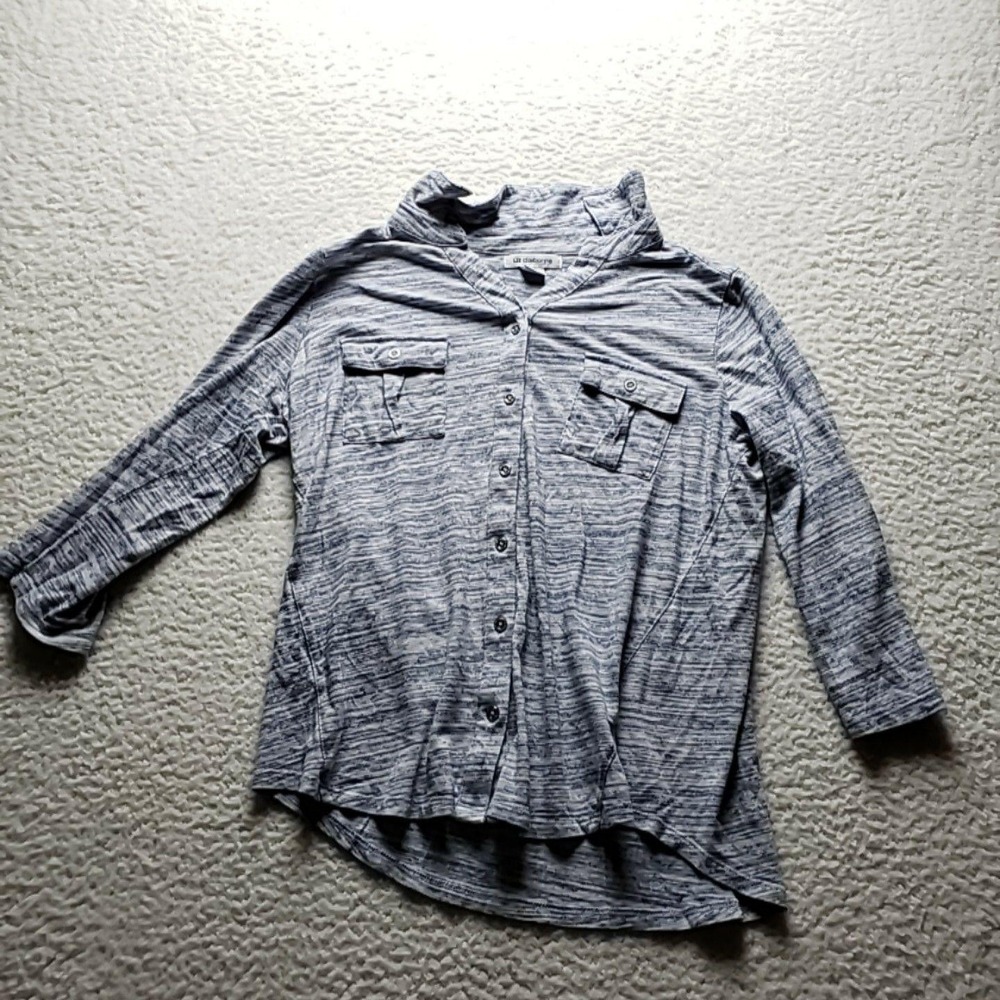 Liz Claiborne Button Up Shirt Womens Large Blue Stripe Hooded 3/4 Tunic Top